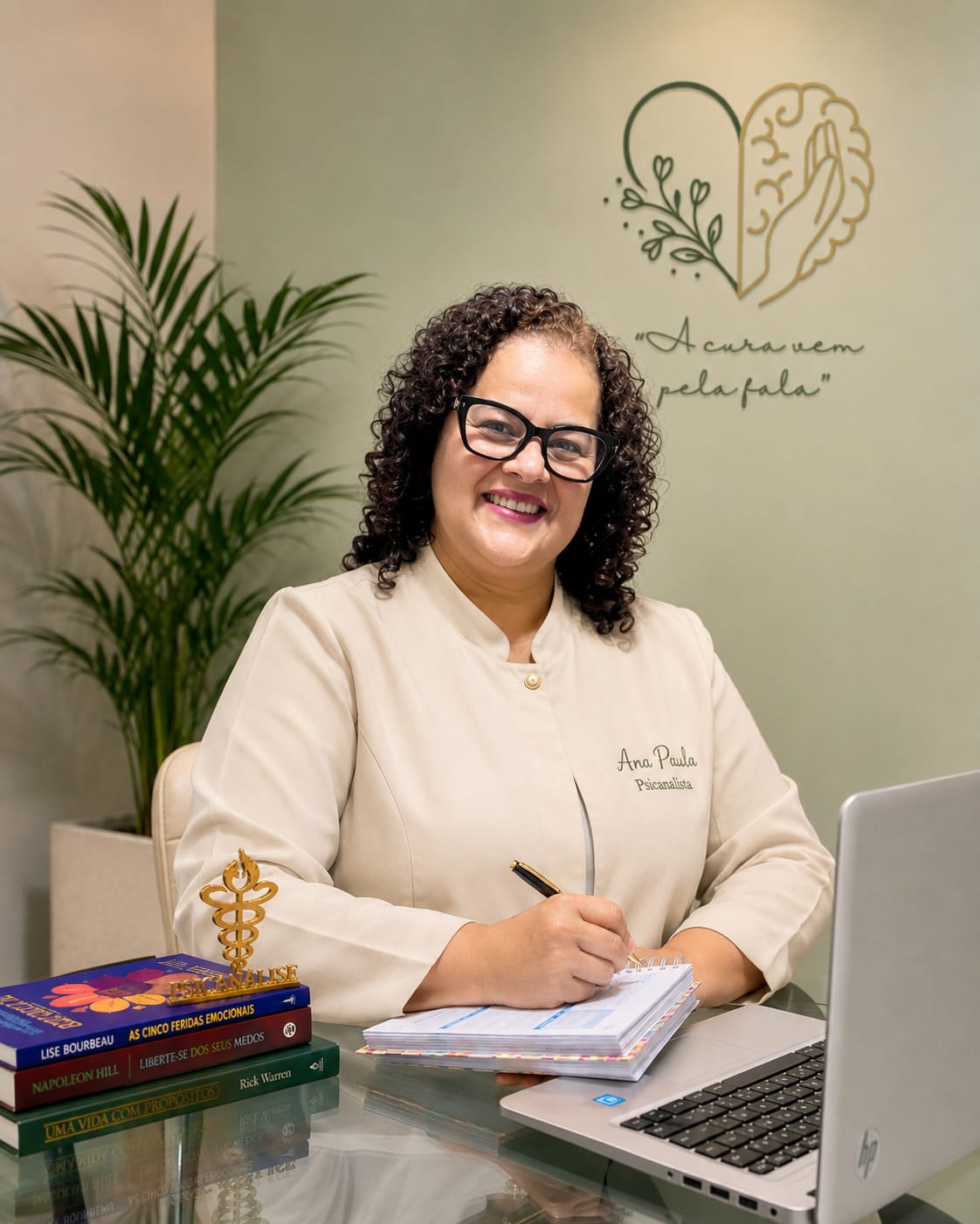Ana Paula, psicanalista clínica, escrevendo em seu consultório